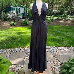 Vintage LILLI DIAMOND Black Halter Evening Maxi Dress RHINESTONE Size 8